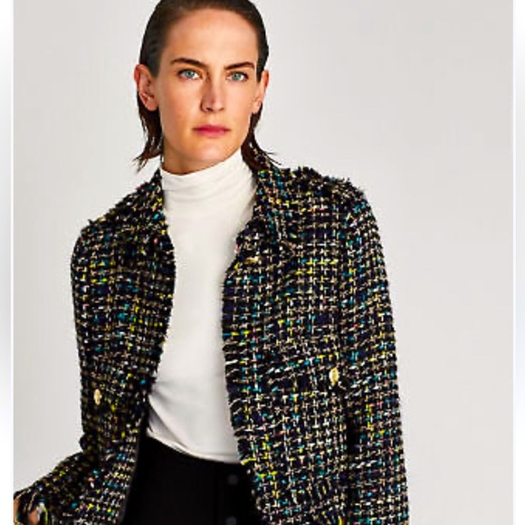 NWT ZARA Tweed Frayed Blazer Jacket Black Multicolor Gold Buttons Wool Blend L - Picture 2 of 15